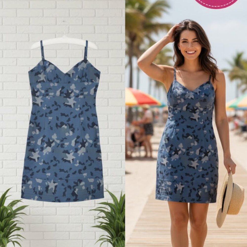 Chic & cool Charles Nolan dress 10 blue black camouflage from Saks Fifth Ave